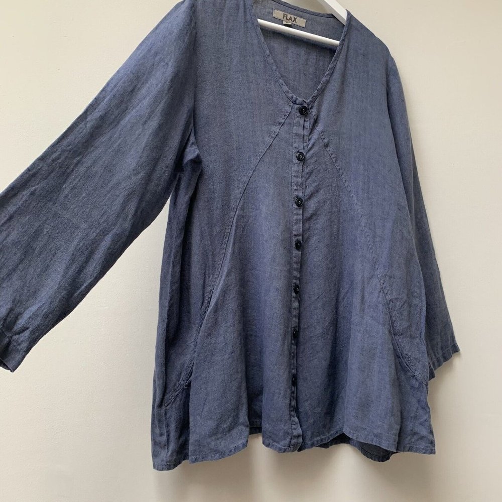 FLAX Linen Tunic Top Size Small Blue Holiday Relaxed Oversized Long Sleeves - Picture 5 of 10
